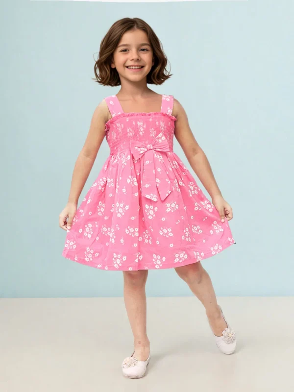 Girls Pink Floral Sleeveless Fit & Flare Dress with Bow